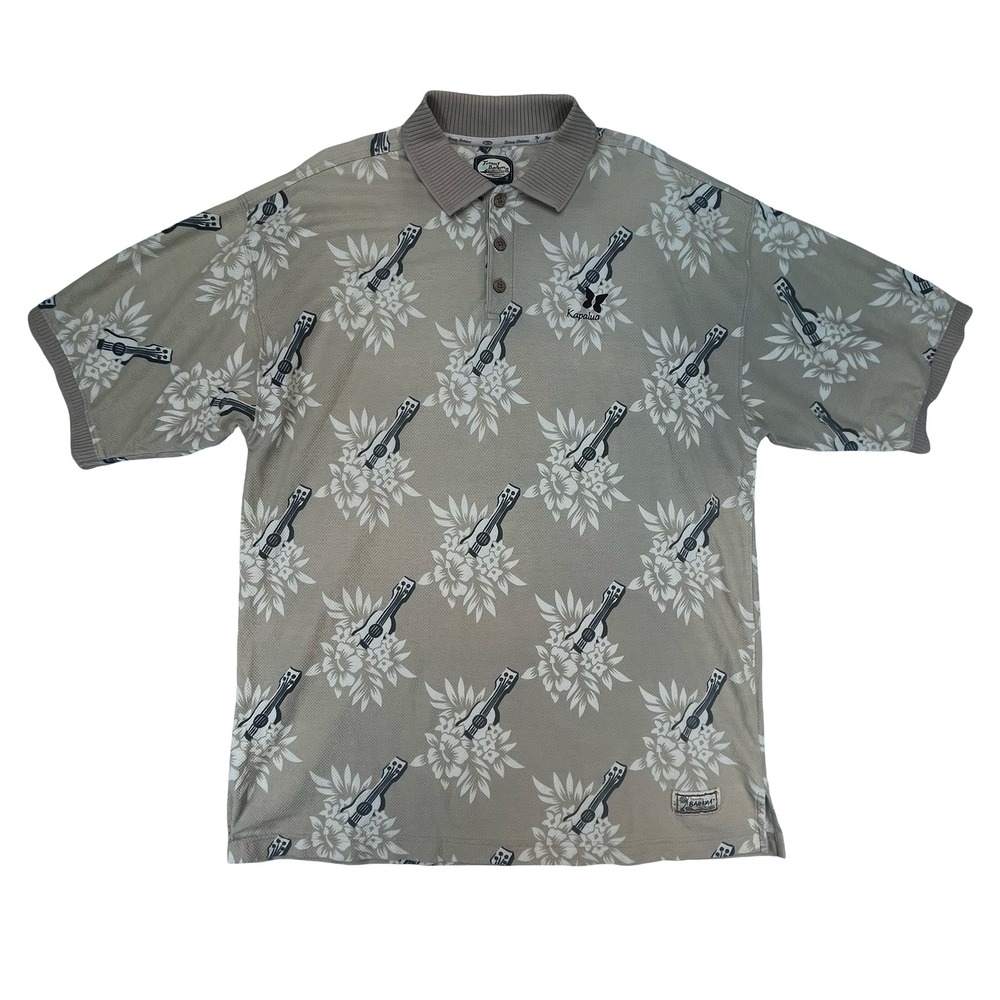 Tommy Bahama VTG Mens Polo Shirt Tan Ukulele Floral Tropical Aloha Kapalua Large